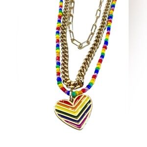 Multilayered Gold Tone Necklace with Rainbow Beads & Heart Pendant